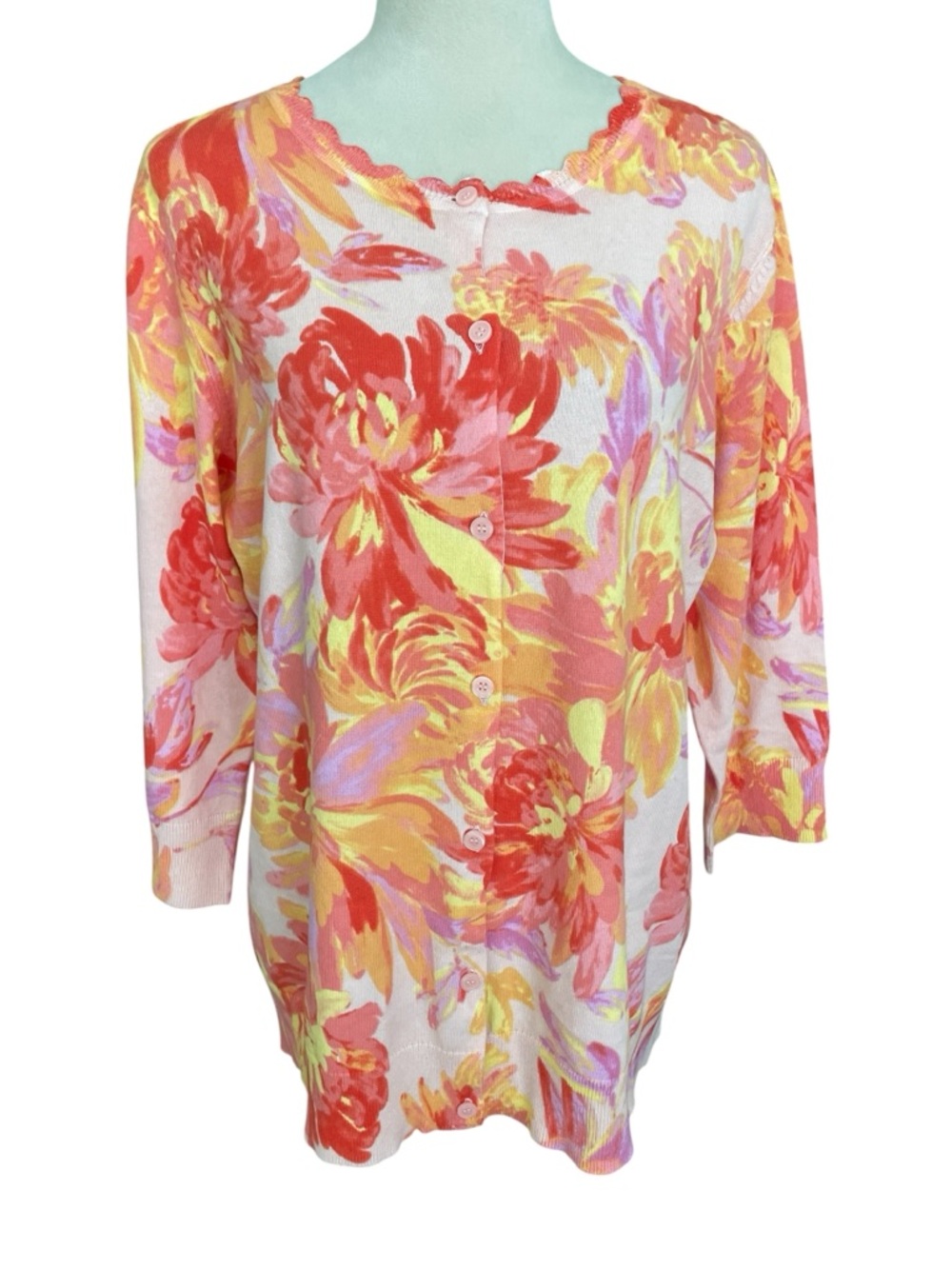 Isaac Mizrahi Floral Cardigan L Resort Wear Colorful‎ Coastal Chic Scallop Neck